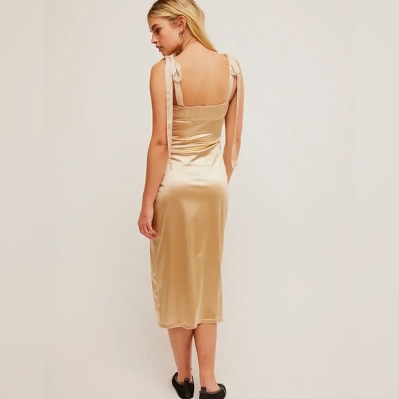 Free People Casino Got Glam Tie Strap Gold Satin Midi Dress - Picture 2 of 11